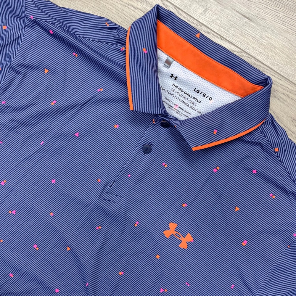 Under Armour Iso-Chill Polo Mens Large Blue Striped Geometric Golf Shirt 1377366